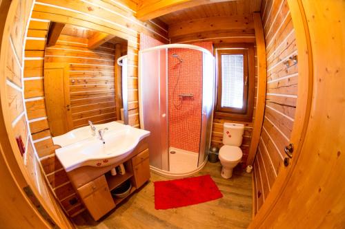 baño con lavabo y ducha en una cabaña de madera en Lipno Island, en Frymburk