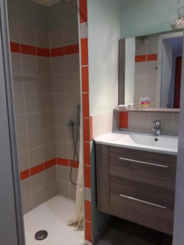une salle de bain avec un lavabo et une douche avec un miroir dans l'établissement Studio dans jardin, à Sète