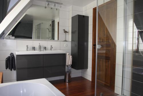 uma casa de banho com um lavatório e um espelho em La Main Ouverte em Fultot