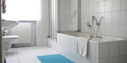 La salle de bains est pourvue d'une baignoire, de toilettes et d'un lavabo. dans l'établissement Demeterhof Dünninger, à Hofheim in Unterfranken