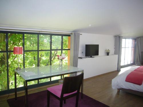 - une chambre avec un bureau, un lit et une télévision dans l'établissement Le Jardin de Beauvoir, à Lyon