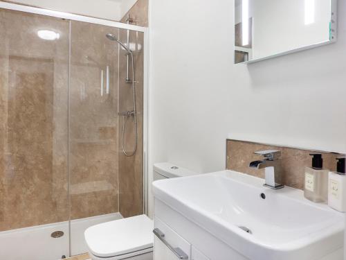 y baño con ducha, lavabo y aseo. en Apartment 5 Blue Bridge Court en York