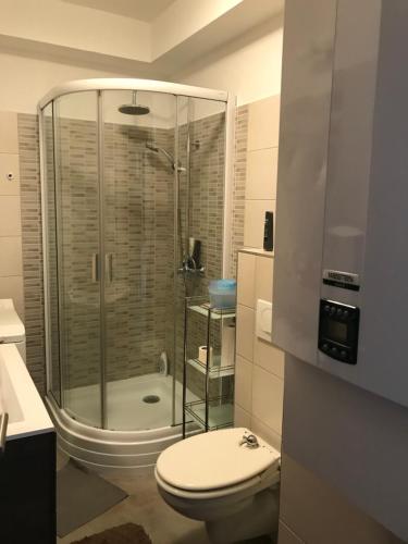 ザマールディにあるPanorama Sunshine Apartmanのバスルーム(トイレ、ガラス張りのシャワー付)