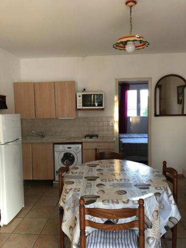 une cuisine avec une table et un réfrigérateur blanc dans l'établissement Appartement de l'olivier, à Saintes-Maries-de-la-Mer