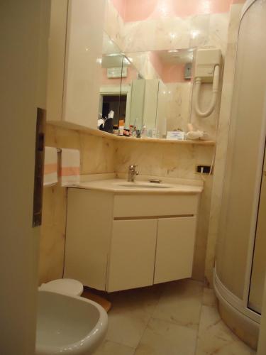 a bathroom with a sink and a toilet and a mirror at Hotel Matilde in Marina di Massa