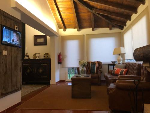 a living room with a couch and a tv at Vila Delfina in Lousã