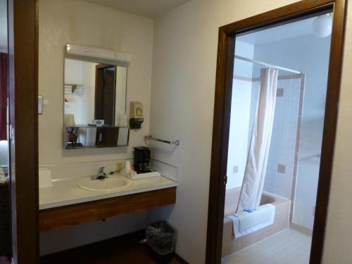y baño con lavabo, espejo y ducha. en Umatilla Inn & Suites, en Umatilla