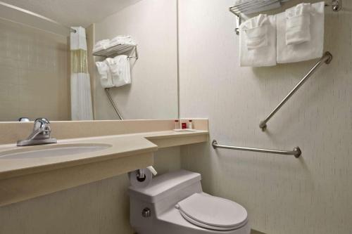 a bathroom with a toilet and a sink and a mirror at Ramada by Wyndham Grand Junction in Grand Junction