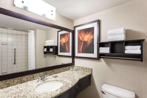 a bathroom with a sink and a toilet and a mirror at Wingate by Wyndham Regina in Regina