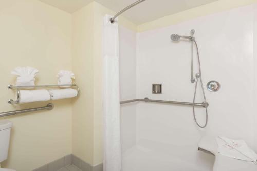 ein Bad mit einer Dusche und einem WC in der Unterkunft Monarch Valley Inn Marina at Monterey Bay in Marina