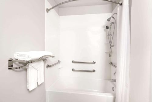 a white bathroom with a tub and a shower at Microtel By Wyndham Victor in Victor