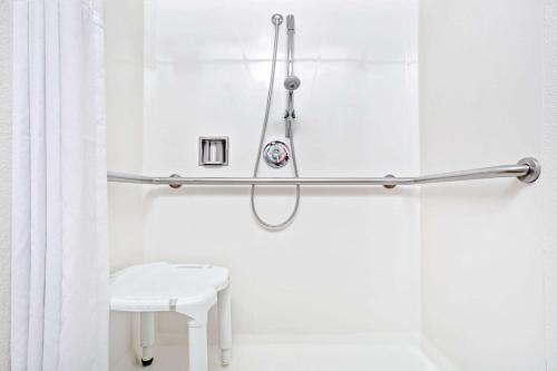 La salle de bains est pourvue d'un rideau de douche et de toilettes. dans l'établissement Microtel Inn & Suites, Morgan Hill, à Morgan Hill