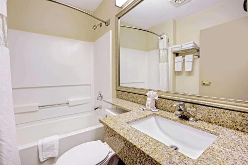 a bathroom with a sink and a toilet and a mirror at Microtel Inn & Suites by Wyndham Statesville in Statesville