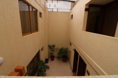 an empty hallway with potted plants in a building at Hotel Isabel I in Oaxaca City