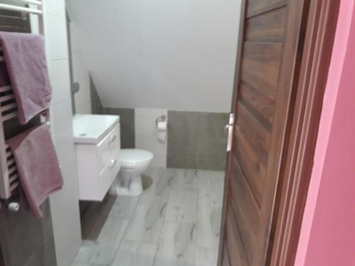 małą łazienkę z toaletą i umywalką w obiekcie Topolowa w mieście Zgierz