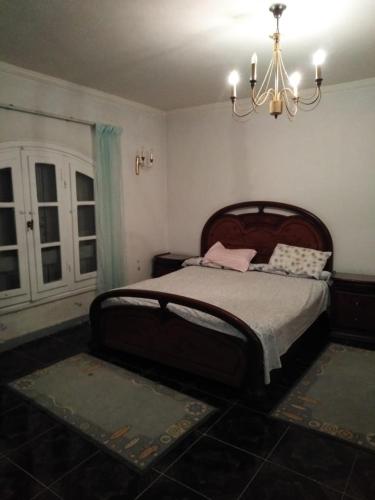 a bedroom with a bed and a chandelier at Villa Dr. Atef Darwish in Alexandria