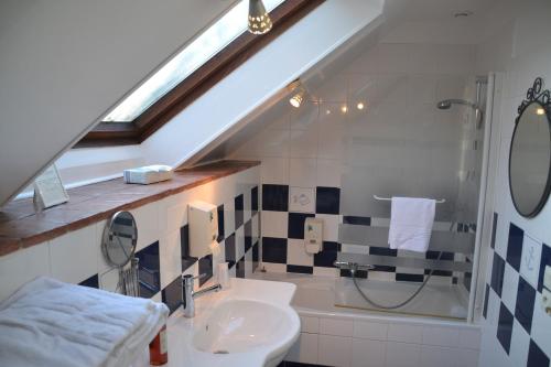 uma casa de banho com um lavatório, um chuveiro e um WC. em Hôtel les Grands Chênes em Saint-Fargeau