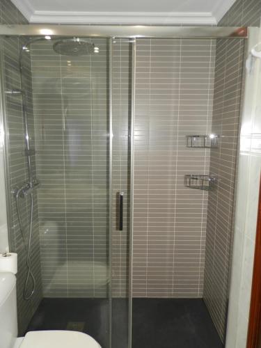 a bathroom with a glass shower with a toilet at Silgar I in Sanxenxo