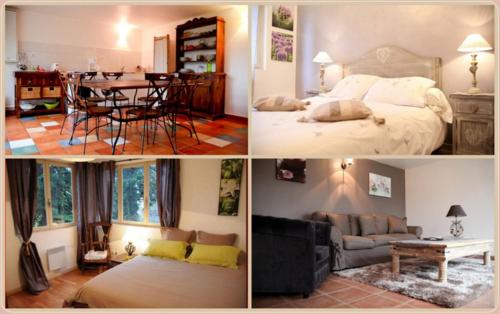 a collage of pictures of a bedroom and a living room at Villa Castel Maison Meublée in Rillieux