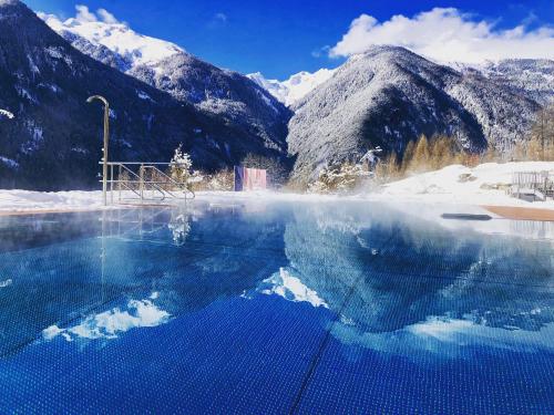 a pool of water with mountains in the background at Vivea Hotel Umhausen im Ötztal in Umhausen