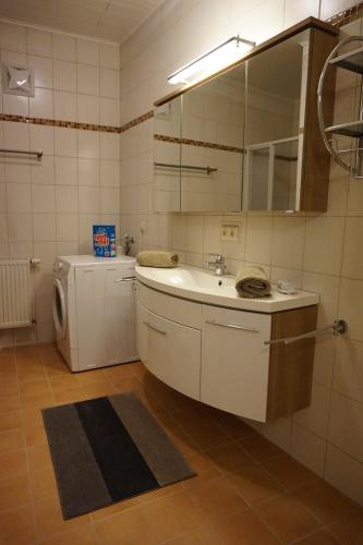 a bathroom with a sink and a washing machine at Gästehaus Familie Löffler - Ferienwohnung am Stadtplatz in Litschau in Litschau