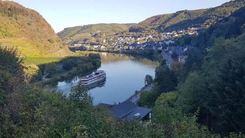 a boat on a river in a valley with mountains at Gast und Weinhof Beim Schneemann in Valwig