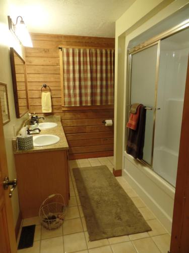 ein Bad mit einem Waschbecken und einer Dusche in der Unterkunft Creekside Paradise Bed and Breakfast in Robbinsville