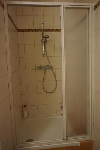 a shower in a bathroom with a white tiled wall at Gästehaus Familie Löffler - Ferienwohnung am Stadtplatz in Litschau in Litschau