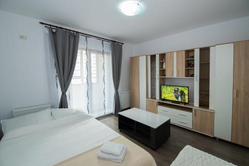 une chambre avec un lit et une télévision dans une pièce dans l'établissement Rezident militari, à Chiajna