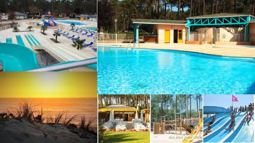 un collage de cuatro fotos de una piscina en Les dunes de contis- landes, en Saint-Julien-en-Born