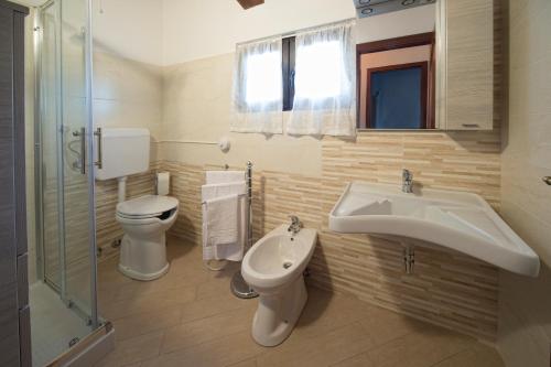 a bathroom with a sink and a toilet and a shower at La Vecchia cantina Guzzardi in Lari