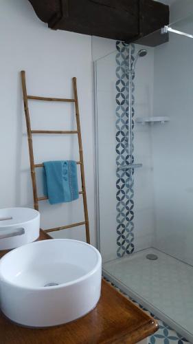 ein Badezimmer mit einem weißen Waschbecken und einer Dusche in der Unterkunft Au bout du Port in Le Guilvinec