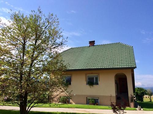 a house with a green roof next to a tree at Entire Loft close to Beautiful Logar Valley in Rečica ob Savinji