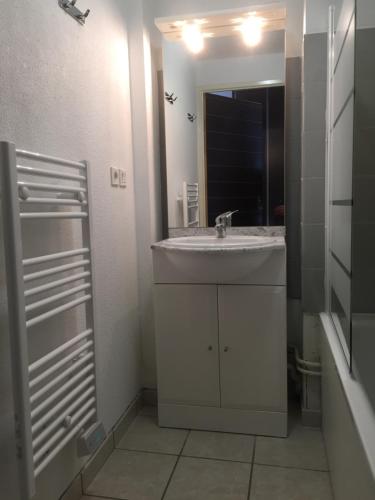 une salle de bain avec un lavabo et un miroir dans l'établissement Loc luz st sauveur 3, à Luz-Saint-Sauveur