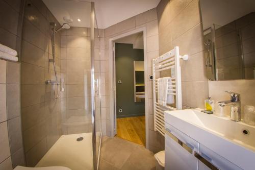 a bathroom with a shower and a toilet and a sink at Hotel Le Pont Neuf in Saint-Affrique