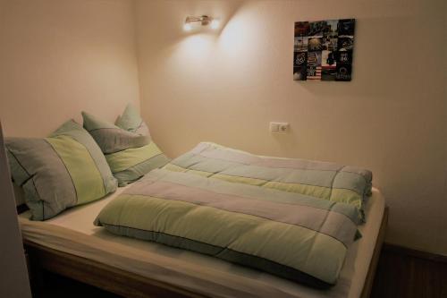 a bed with green and gray sheets and pillows at Burbergblick in Schutz