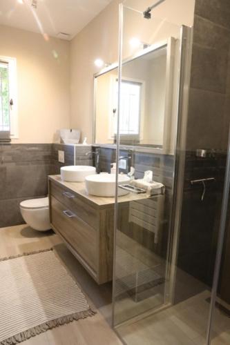 une salle de bain avec une douche, un lavabo et des toilettes dans l'établissement Les Oursillons, à Roussillon
