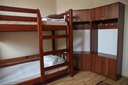 two bunk beds in a room with wooden cabinets at Lions Heart Hostel in Lviv