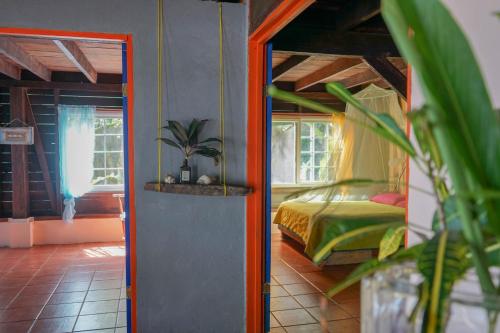 a bedroom with a bed and a mirror in a room at Mosana Reef Garden B&B in Bocas del Toro