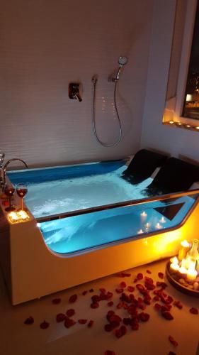 a jacuzzi tub in a room with flowers on the floor at Studio-Apartment VAL - Luxury massage chair - Private SPA- Jacuzzi, Infrared Sauna, , Parking with video surveillance, Entry with PIN 0 - 24h, FREE CANCELLATION UNTIL 2 PM ON THE LAST DAY OF CHECK IN in Slavonski Brod