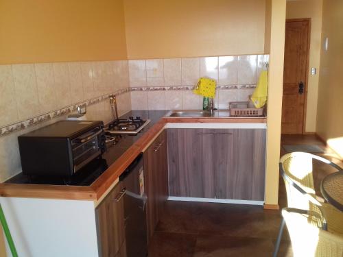 a small kitchen with a stove and a sink at Cabaña Vista Bahia Algarrobo in Algarrobo