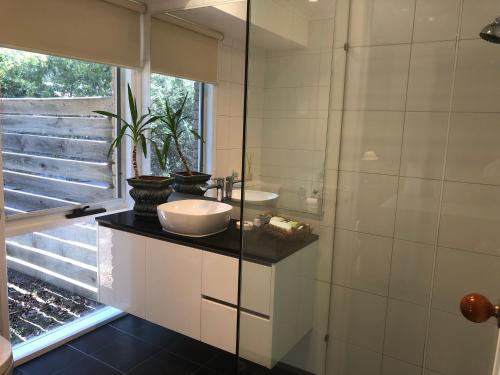 a bathroom with a sink and a mirror and a window at Countryside Retreat romantic tranquil native wildlife township Hepburn - Daylesford in Hepburn Springs