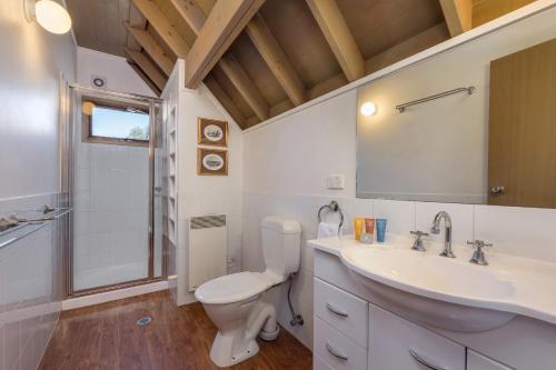 a bathroom with a toilet and a sink and a shower at Burrinjuck in Dinner Plain