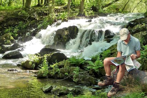 a man sitting on a rock in front of a waterfall at Kurhotel Bad Suderode in Bad Suderode