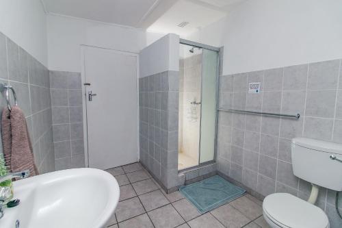 a bathroom with a shower and a toilet and a sink at @karoo Guesthouse in Graaff-Reinet
