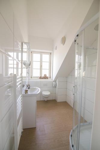 a white bathroom with a sink and a toilet at Hotel Vila Katrca in Ljubljana