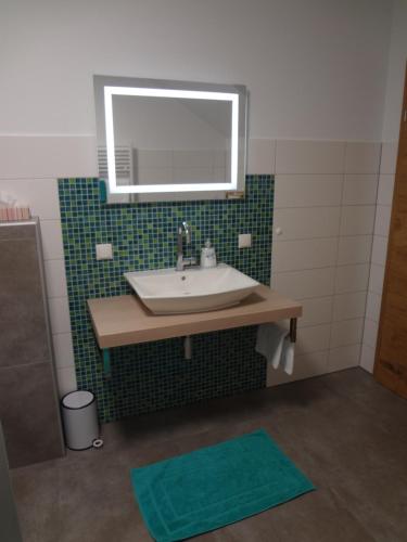 a bathroom with a sink and a mirror at Weinstraßenapartment Fam. Dietrich in Ratsch an der Weinstraße