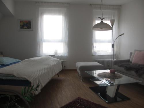 a living room with a bed and a coffee table at Fewo Am Rathausplatz in Freiburg im Breisgau