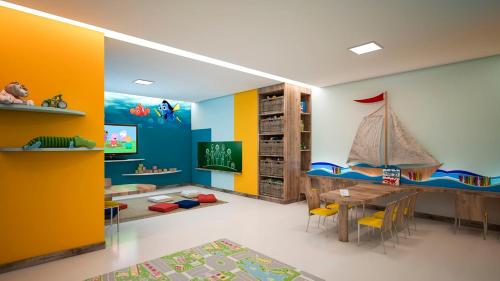 a childrens room with a table and a boat on the wall at Apartamento no Olimpia Park Resort in Olímpia