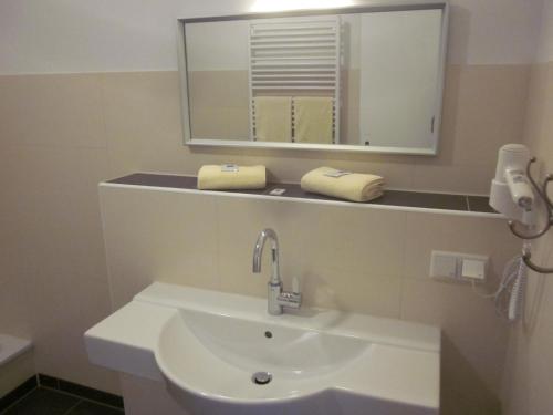 a bathroom with a sink and a mirror at Hotel Waldesruh in Düsseldorf